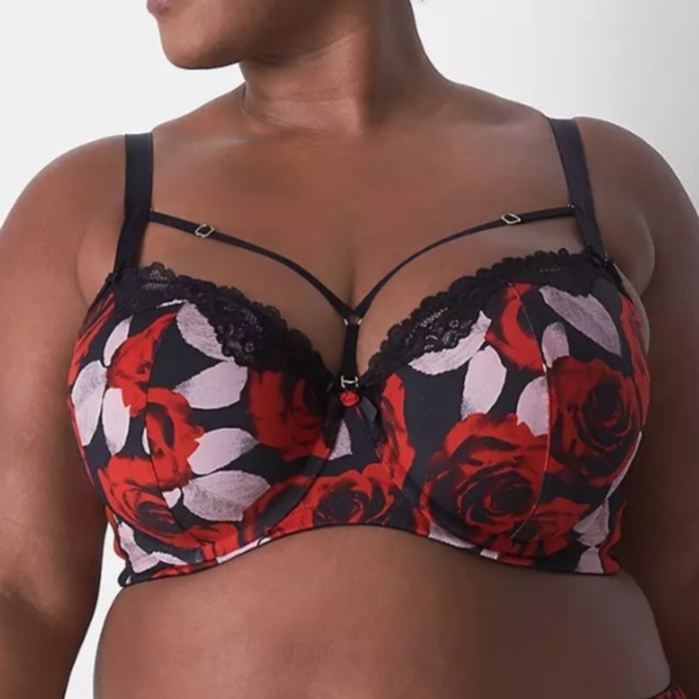 40D CACIQUE Floral Mini Roses Lace Padded Push Up Boost Balconette Smoothing Bra